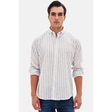 D'S Damat Ds Damat Slim Fit Gri Çizgili %100 Pamuk Yazlık Keten Gömlek