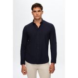 D'S Damat Ds Damat Slim Fit Lacivert Düğmeli Yaka %100 Pamuk Yazlık Flamlı Keten Görünümlü Gömlek 6HC02ORT63265 Lacivert