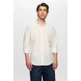 Ds Damat Slim Fit Bej Çizgili %100 Pamuk Yazlık Keten Gömlek, XL