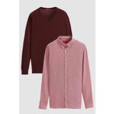 Ds Damat Slim Fit Bordo Pamuk Karışımlı 2'Li V Yaka Triko Ve Gömlek