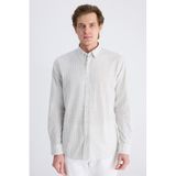 Ds Damat Slim Fit Haki Çizgili Keten Karışımlı Gömlek
