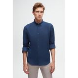 Ds Damat Slim Fit İndigo Oxford Düğmeli Yaka Kolay Ütülenebilir Nakış Detaylı Pamuklu Gömlek, XL