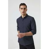 Ds Damat Slim Fit Lacivert Armürlü Düğmeli Yaka Pamuklu Gömlek, XL