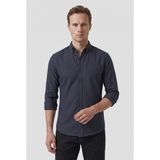 Ds Damat Slim Fit Lacivert Armürlü Düğmeli Yaka Pamuklu Gömlek, XXL