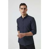 D'S Damat Slim Fit Lacivert Armürlü Düğmeli Yaka Pamuklu Gömlek