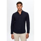 Ds Damat Slim Fit Lacivert Düğmeli Yaka %100 Pamuk Yazlık Flamlı Keten Görünümlü Gömlek, S