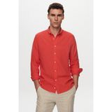 D'S Damat Slim Fit Nar Çiçeği Düğmeli Yaka %100 Pamuk Yazlık Flamlı Keten Görünümlü Gömlek 6HC02ORT63265 - XL