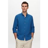 Ds Damat Slim Fit Saks Mavi Düğmeli Yaka %100 Pamuk Yazlık Flamlı Keten Görünümlü Gömlek 6HC02ORT63265
