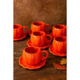 DS Home&Design El Yapımı 6 Kişilik Tabaklı Seramik Bal Kabağı Çay Kahve Fincan Takımı Turuncu Kupa 250 ml