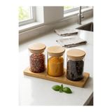 DS Home&Design Vakum Bambu Kapaklı 3'lü Cam Baharat Takımı ve Doğal Bambu Altlık - 6x8 cm