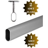 DS Yapı Alüminyum Oval Askı Borusu Mobilya Askı Borusu (2 Adet Ayaklı Açık Flanş 1 Adet Boru) (Alüminyum Oval En:15 mm Boy:25 mm) - 65cm