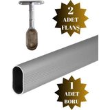 DS Yapı Alüminyum Oval Askı Borusu Mobilya Askı Borusu (2 Adet Ayaklı Kapalı Flanş 1 Adet Boru) (Alüminyum Oval En:15 mm Boy:25 mm) - 115cm