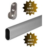 DS Yapı Alüminyum Oval Askı Borusu Mobilya Askı Borusu (2 Adet Flanş 1 Adet Boru) (Alüminyum Oval En:15 mm Boy:25 mm) - 55cm