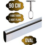 DS Yapı Metal Oval Krom Mobilya Dolap Askı Borusu(Krom)(Oval)(2 Adet Ayaklı Açık Flanş-1 Adet Boru) - 90cm