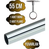 DS Yapı Metal Yuvarlak Krom Mobilya Dolap Askı Borusu(2 Adet Ayaklı Açık Flanş-1 Adet BORU)(KROM)(ÇAP:25MM) - 55cm