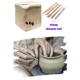 DSH Doğal Seramik Hamuru 4 kg Beyaz Seramik Hamuru, Ahşap Ebeşuar Seti, 4000 gr kil çamuru, doğal hobi oyun çamuru beyaz