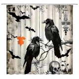 DSMEUE Cadılar Bayramı Vintage Duş Perdesi Karga Yarasa Kafatası Gotik Ağaç Dalı Rustik Ahşap Siyah Bej Banyo Dekor Kancalı Perde, 70 cm G x 170 Y