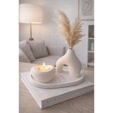 Dtm Home 3’lü Dekoratif Mumluk ve Vazo Seti – Iskandinav Minimal Tepsili Salon & Sehpa Dekoru - Bej - Beyaz