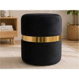 Dtm Home Gold Şeritli Silindir Puf | Babyface Kumaş Modern Dekoratif Oturma Pufu 40X40X45 cm - Siyah