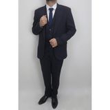 Duayen Fistan Store Erkek Armürlü Italyan Kesim Dar Kalıp Tek Düğmeli Yelekli Takım Elbise - 56 / 6 - Lacivert - 6 Drop