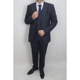 Duayen Fistan Store Erkek Armürlü Italyan Kesim Normal Kalıp Çift Düğmeli Yelekli Takım Elbise - 46 / 6 - Lacivert - 6 Drop