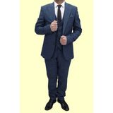Duayen Fistan Store Erkek Kırçıllı Desenli Italyan Kesim Dar Kalıp Çift Düğmeli Yelekli Takım Elbise - Parlament Mavisi - 50 / 6
