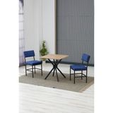 Dubai Modeli Kare Mutfak Masa Sandalye Takımı, 2 Sandalye 1 Sabit Ceviz Masa 70X70 Cm, Keten Kumaş - Lacivert