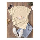 DUBU BUTİK Hamile Gebe T-shirt Bebek Fermuar Baskılı - Vizon Bisiklet Yaka Oversize Tişört