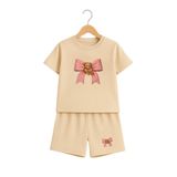 DUBU BUTİK Pembe Bear Ayıcık Kurdela Baskılı Çocuk Takım - Bej Şort Bej T-shirt Takım Baskılı Kız Çocuk Yazlık