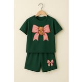DUBU BUTİK Pembe Bear Ayıcık Kurdela Baskılı Çocuk Takım - Nefti Yeşil Şort T-shirt Takım Baskılı Kız Çocuk Y