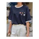 DUBU BUTİK Uncool Lacivert Gövde Beyaz Biyeli T-shirt - Oversize Bisiklet Yaka Kısa Kol Tişört