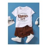 DUBU BUTİK Vintage Pamuklu Çocuk Takım - Beyaz T-shirt Kahve Şort Baskılı Kız Erkek Çocuk Yazlık Bisiklet Yaka