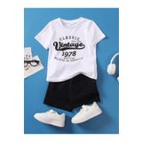 DUBU BUTİK Vintage Pamuklu Çocuk Takım- Beyaz T-shirt Siyah Şort Baskılı Kız Erkek Çocuk Yazlık Bisiklet Yaka