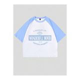 DUBU BUTİK Wonderful Mood Süprem Crop T-Shirt - Beyaz Bebe Mavi Baskılı Oversize Bisiklet Yaka Tişört