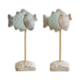 Ducclume Vintage Eskitilmiş Ahşap Balık Heykeli 2'li Set, Yeşil ve Beyaz | El Boyaması, Kitaplık Masası, Raf, Oturma Odası, Okyanus Teması, Ev Dekoru için Masa Üstü Süslemesi