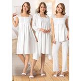 Duchesse Lohusa 4'lü Pijama Gecelik Sabahlık Seti %100 Pamuk Narin Dantel Detaylarıyla S Beden - XL - Ekru