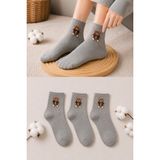 Ducks Socks Kadın Ayıcık Desenli Çorap Yumuşak Pamuklu 3’lü Paket Kısa Konç Günlük Çorap - Gri