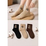 Ducks Socks Kadın Ayıcık Desenli Çorap Yumuşak Pamuklu 3’lü Paket Kısa Konç Günlük Çorap - Siyah - Bej - Kahverengi