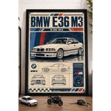 dudekohome BMW E36 M3 Retro Tasarım Garaj Temalı Dekoratif Çerçeveli Ahşap Poster Tablo DDK1121