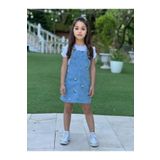 DUDOR KİDS Kız Çocuk Çiçek Nakışlı Kot Jile Elbise Ve Beyaz T-Shirt Takım