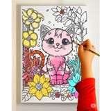 Dudu Ahşap 25 x 35 cm Resimli Tuval Çocuk Boyama Seti Kedi Resimli 6 Renk Akrilik Boya ve 2 Fırça Adet Fırça ile