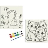 Dudu Ahşap 2'li Tuval Boyama Seti 20 x 20 cm Uv Baskı Sevimli Karakterler + 6 Akrilik Boya + 1 Fırça - set-10