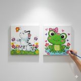 Dudu Ahşap 2'li Tuval Boyama Seti 20 x 20 cm Uv Baskı Sevimli Karakterler + 6 Akrilik Boya + 1 Fırça - set-11