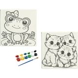 Dudu Ahşap 2'li Tuval Boyama Seti 20 x 20 cm Uv Baskı Sevimli Karakterler + 6 Akrilik Boya + 1 Fırça - set-14