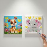 Dudu Ahşap 2'li Tuval Boyama Seti 20 x 20 cm Uv Baskı Sevimli Karakterler + 6 Akrilik Boya + 1 Fırça - set-16