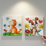 Dudu Ahşap 2'li Tuval Boyama Seti 20 x 20 cm Uv Baskı Sevimli Karakterler + 6 Akrilik Boya + 1 Fırça - set-18