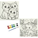Dudu Ahşap 2'li Tuval Boyama Seti 20 x 20 cm Uv Baskı Sevimli Karakterler + 6 Akrilik Boya + 1 Fırça - set-20