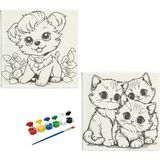 Dudu Ahşap 2'li Tuval Boyama Seti 20 x 20 cm Uv Baskı Sevimli Karakterler + 6 Akrilik Boya + 1 Fırça - set-4