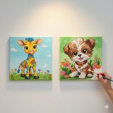 Dudu Ahşap 2'li Tuval Boyama Seti 20 x 20 cm Uv Baskı Sevimli Karakterler + 6 Akrilik Boya + 1 Fırça - set-6