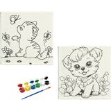 Dudu Ahşap 2'li Tuval Boyama Seti 20 x 20 cm Uv Baskı Sevimli Karakterler + 6 Akrilik Boya + 1 Fırça - set-7